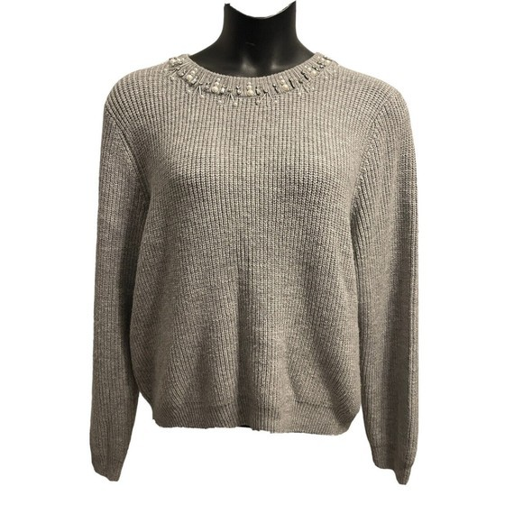 Winter Christmas Sweater plus size 3X Gray Knit Long‎ Sleeve Boat Neck Jeweled - Picture 1 of 7